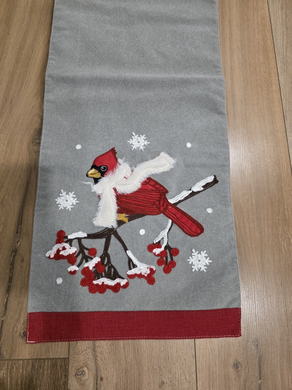 Gray and Red Cardinal Embroidered Table Runner